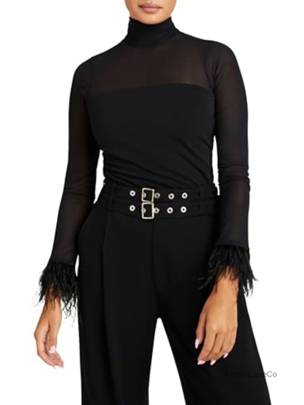 Cinq a Sept Feather Trim Blouse Superstretch Fitted Long Sleeve High Neck Button